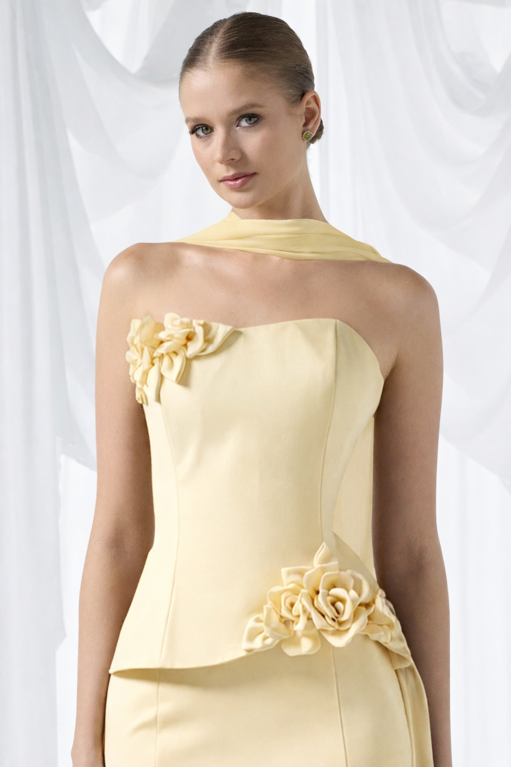 Butter Yellow Strapless Floral Detail Maxi Dress Style 4081
