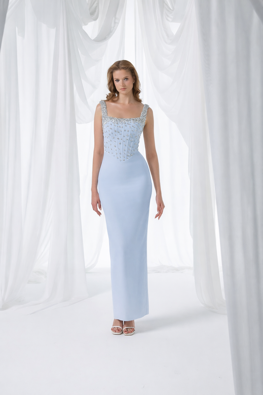 Ice Blue Embellished Maxi Dress Style 3022