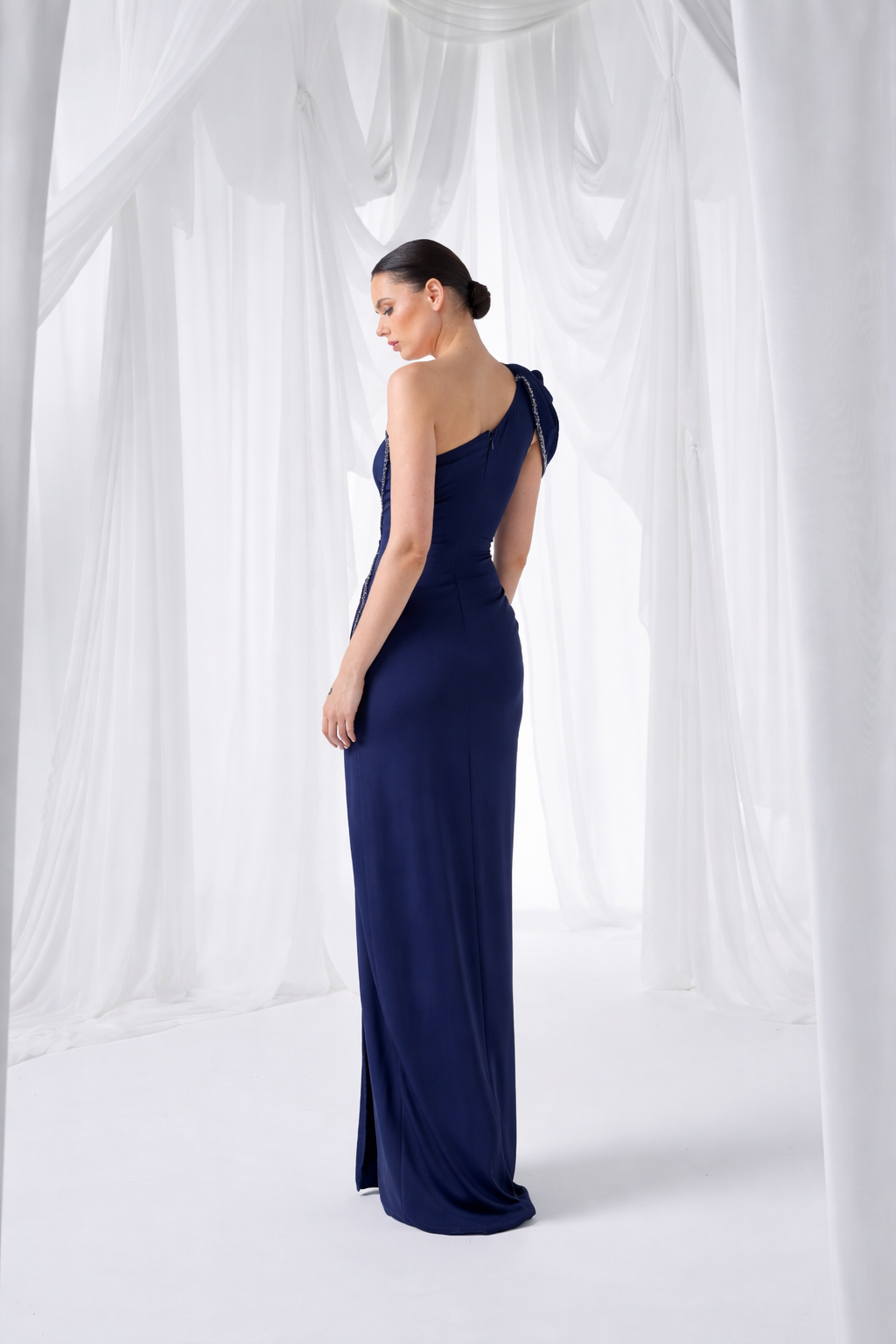 Navy One Shoulder Embellished Slit Maxi Dress Style 3035