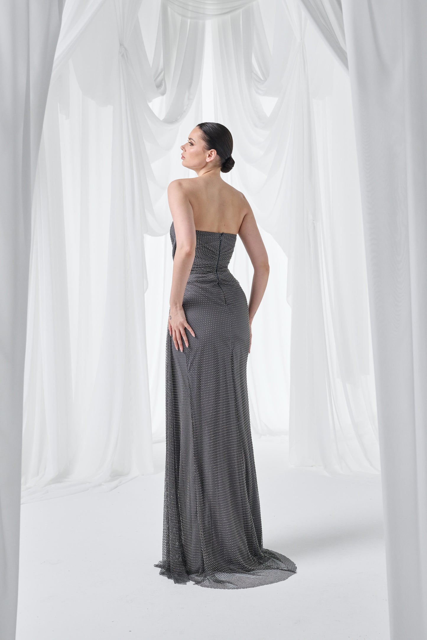 Anthracite Strapless Draped Glitter Maxi Dress Style 3045