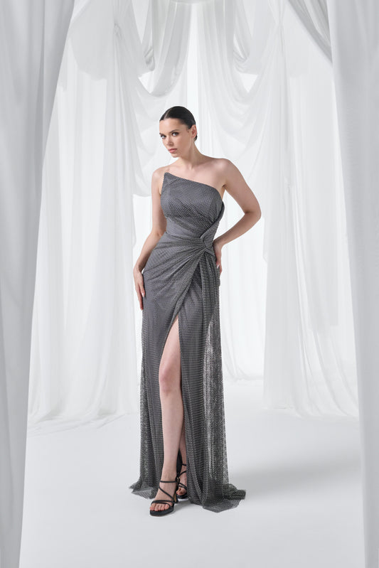 Anthracite Strapless Draped Glitter Maxi Dress Style 3045