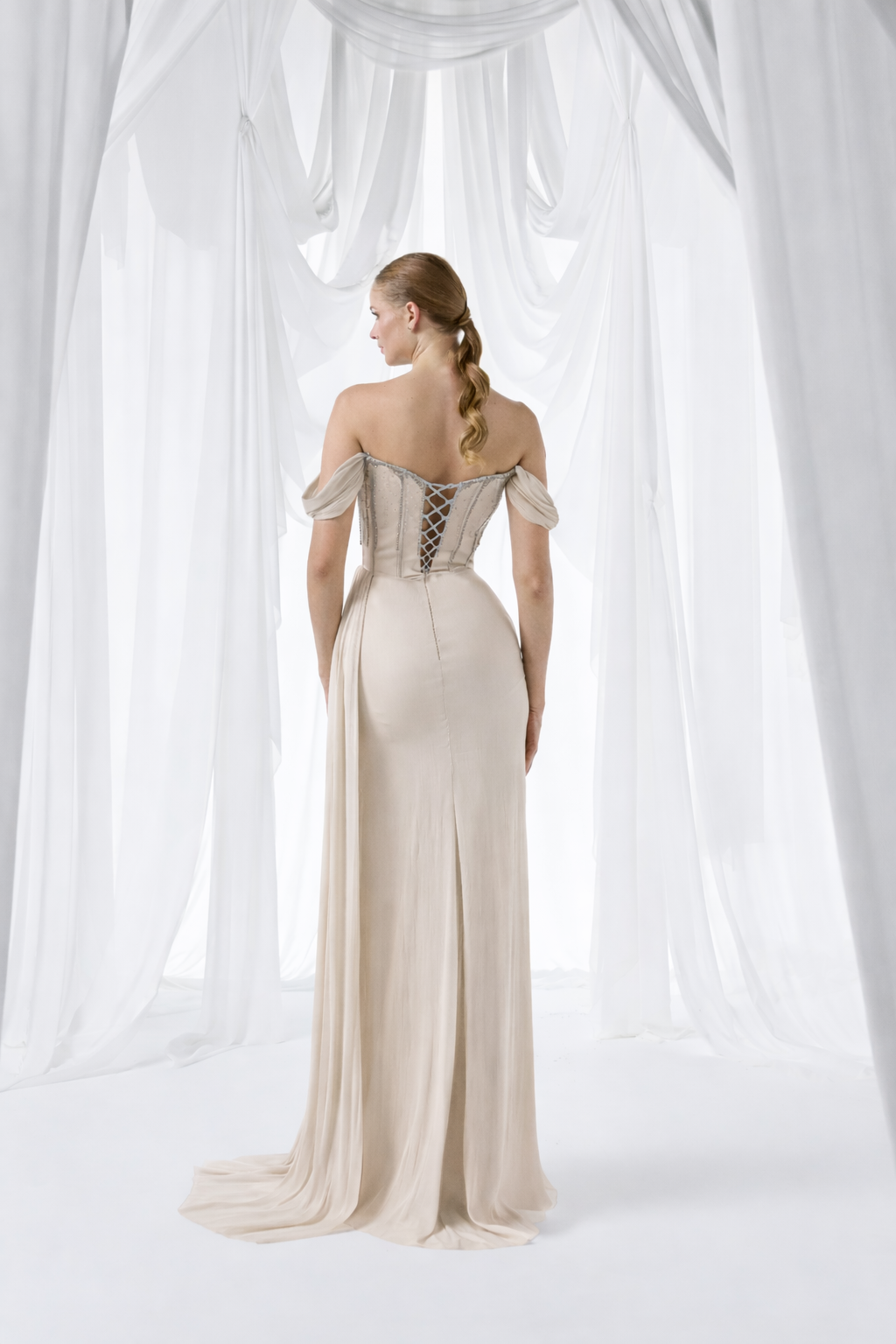 Stone Off Shoulder Embellished Draped Maxi Dress Style 3051