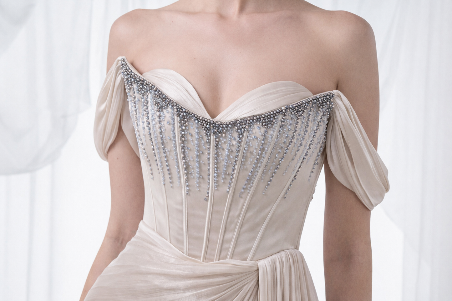 Stone Off Shoulder Embellished Draped Maxi Dress Style 3051