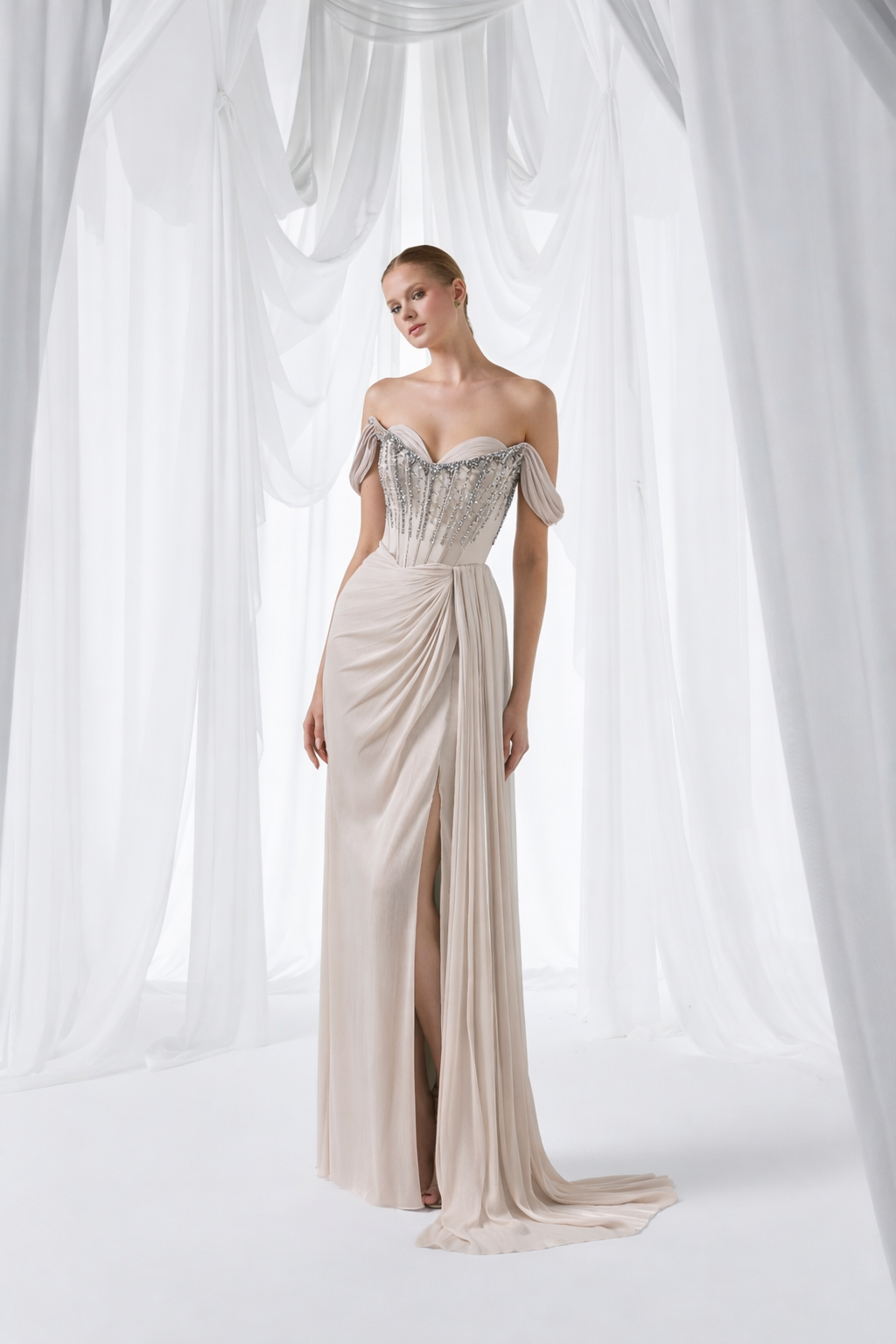 Stone Off Shoulder Embellished Draped Maxi Dress Style 3051
