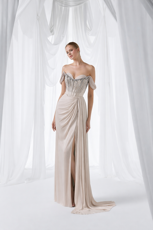 Stone Off Shoulder Embellished Draped Maxi Dress Style 3051