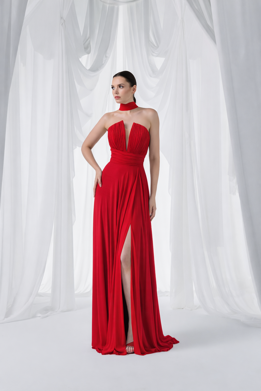 Pleated Choker Maxi Dress Style 3062