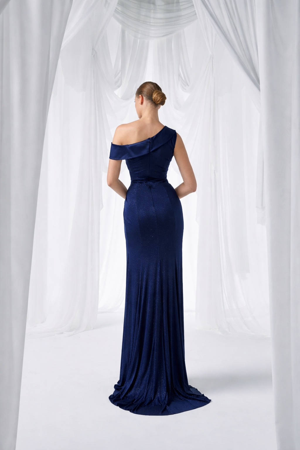 Royal Blue One Shoulder Draped Glitter Maxi Dress Style 4003
