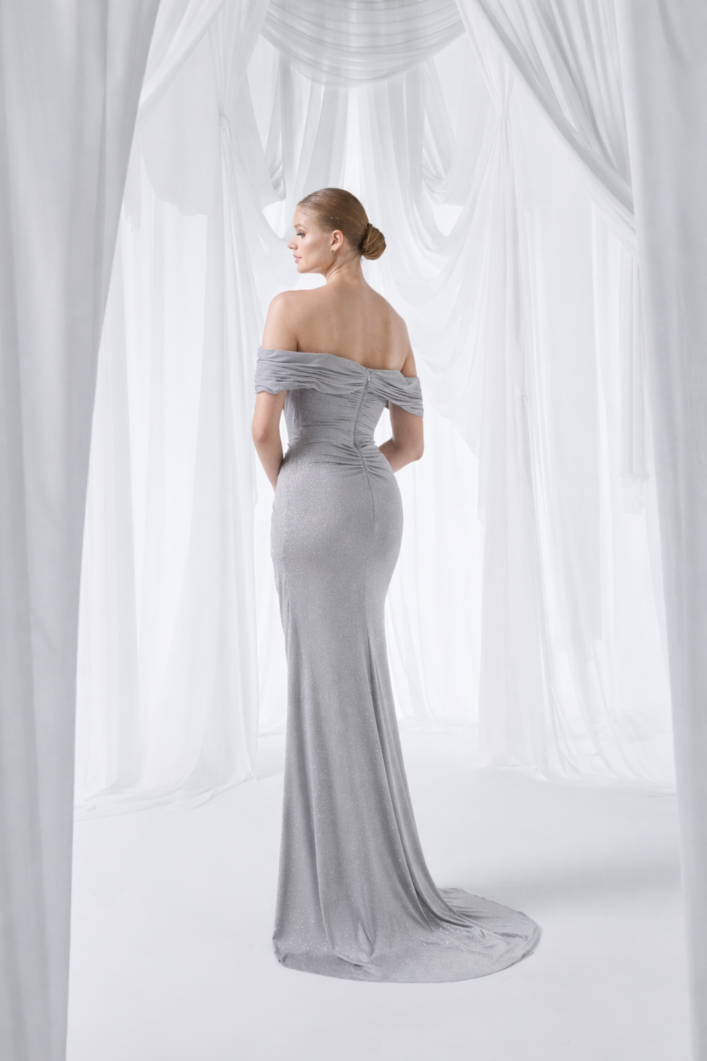 Silver Off Shoulder Draped Glitter Maxi Dress Style 4007