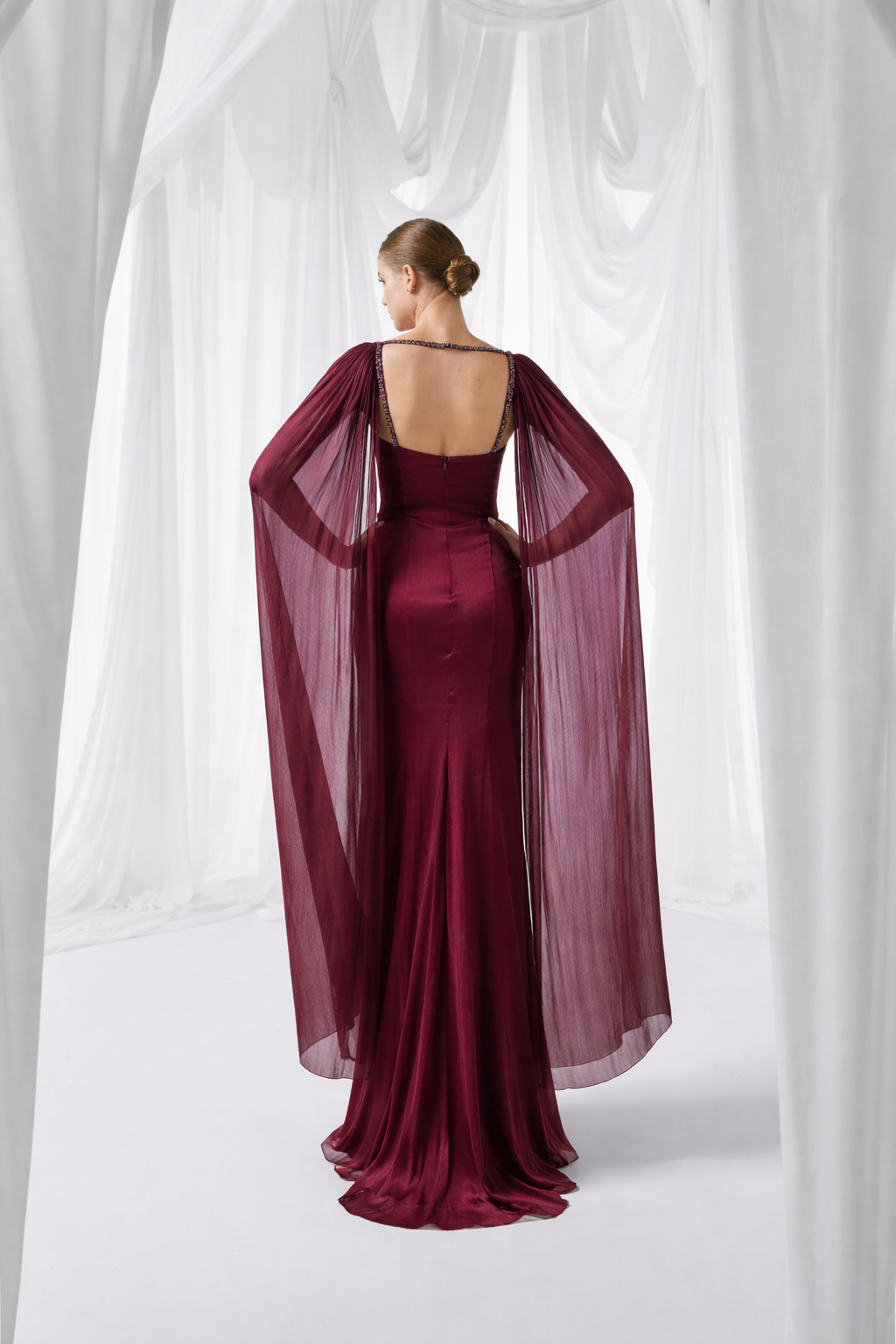 Burgundy Embellished Draped Maxi Dress with Cape Sleeves Style 4033