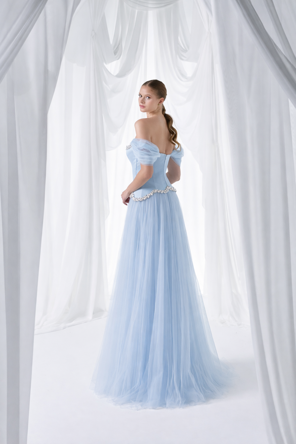 Ice Blue Embellished Tulle Ball Gown Style 4045