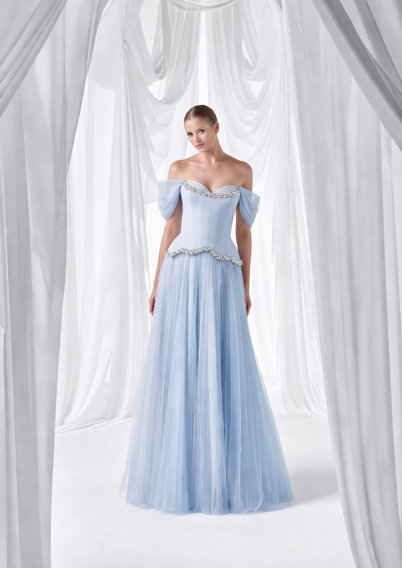 Ice Blue Embellished Tulle Ball Gown Style 4045