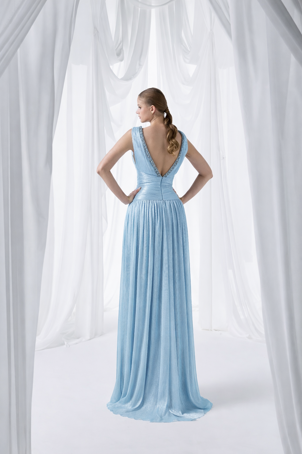 Ice Blue Embellished Plunging Maxi Dress Style 4046