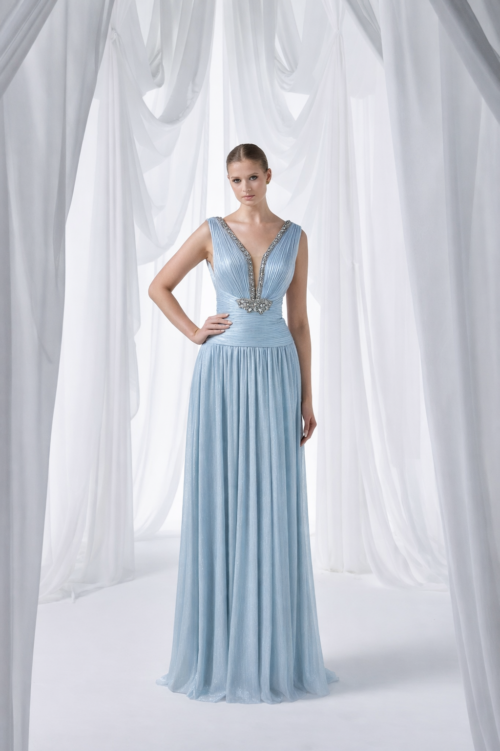 Ice Blue Embellished Plunging Maxi Dress Style 4046