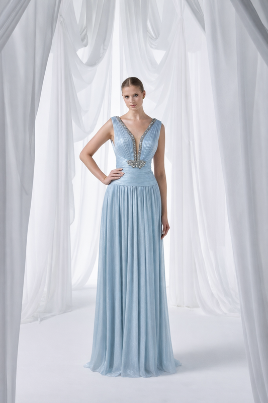 Ice Blue Embellished Plunging Maxi Dress Style 4046