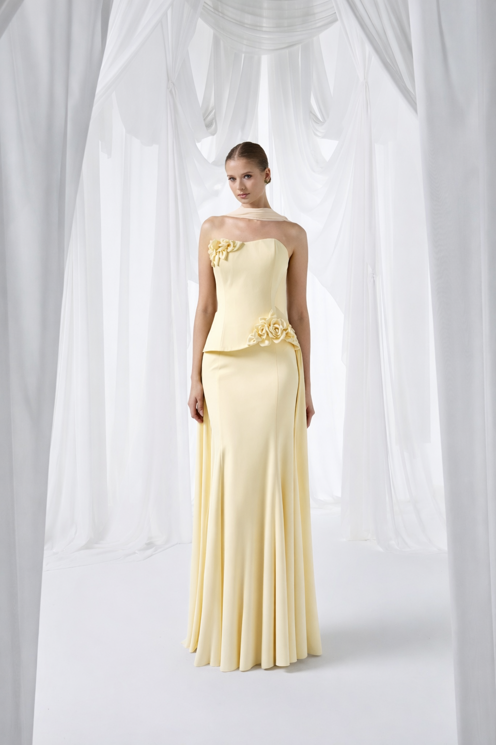 Butter Yellow Strapless Floral Detail Maxi Dress Style 4081