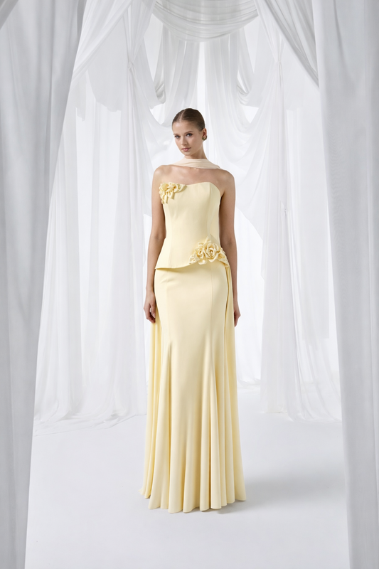 Butter Yellow Strapless Floral Detail Maxi Dress Style 4081