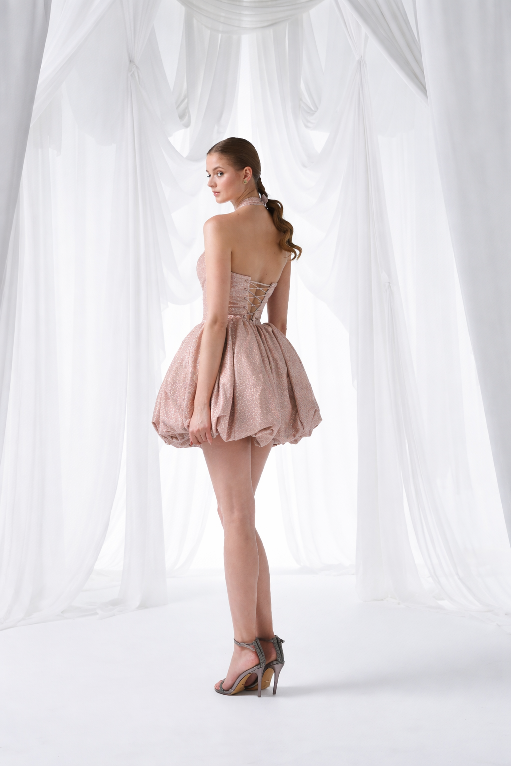 Blush Champagne Halter Balloon Mini Dress Style 4090